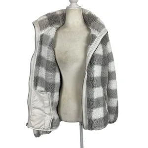 Abercrombie Sherpa Check Fleece Plaid Full Zip Jacket Coat Gray and White Size Medium thumbnail 12