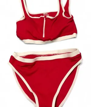 red sporty bikini set ❤️🔥 contrast‎ trim two piece with zip front top thumbnail 1