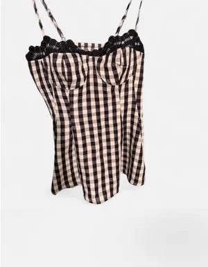 Commense Gingham Spaghetti strap peplum top with Lace Trim Black Size M thumbnail 2