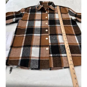 Womens Brown Plaid Button Down Shacket Oversized Flannel Shirt Jacket L thumbnail 3