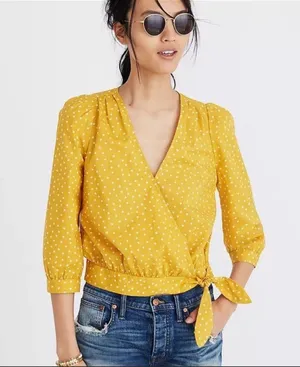 Madewell Wrap Top in Star Golden Yellow Scatter Print M thumbnail 1