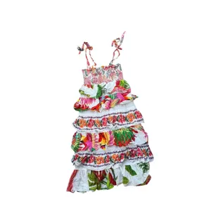 Farm Rio Mixed White Prints Layered Dress M Tropical Floral Tiered Linen Smocked thumbnail 5
