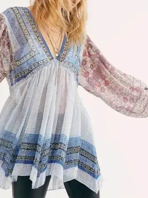 Free People $128 Aliyah Tunic Blouse Top S geometric print floral balloon sleeve thumbnail 1