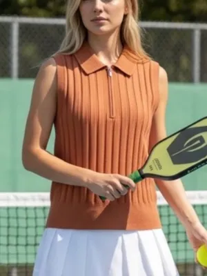 Athleta Fairway 1/2 Zip Knit Sleeveless Polo Women's S Orange‎ Preppy thumbnail 1
