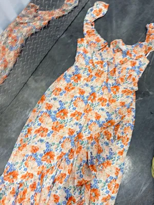 Astr Floral Ruffle Maxi Dress — Orange, Blue & Cream thumbnail 10