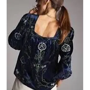 Anthropologie Navy Blue‎ Velvet Floral Embroidered Square Neck Blouse M thumbnail 2
