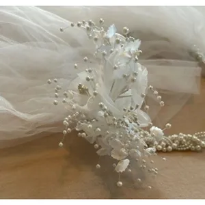 Vintage White Tulle Bridal Veil Faux Pearl Headband Floral Bead Accent 20 Inch thumbnail 7
