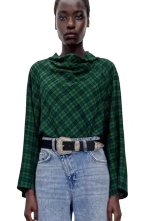 Zara Blue Green Plaid Drape Neck Blouse Shirt Top Preppy Lightweight S thumbnail 1