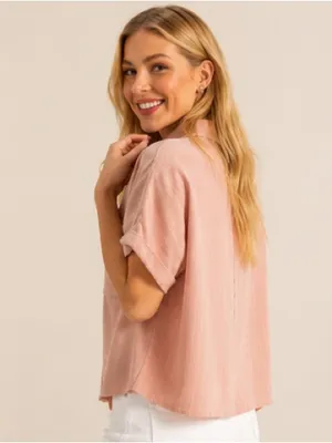 Blush Pink Rayon Linen Button Front Relaxed Blouse | Boutique NWT S thumbnail 5