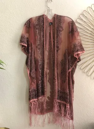 Whimsical Ethereal Pink black brown sheer kimono cardigan jacket fringe tassels #boho #hippie #indie #whimsygoth #fairycore bohemian festival cottagecore thumbnail 1