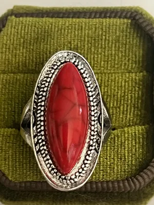 Boho/Design Red Oval Turquoise Stainless Steel Silver Statement Ring Size 8 thumbnail 2