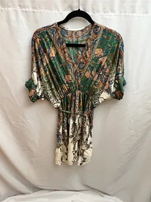 SHEIN Paisley Boho Kimono Mini Dress Green Brown Cream Size L thumbnail 3