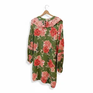 FARM Rio Anthropologie Elinor Tunic Dress Green‎ & Pink Floral Ruffle Size M thumbnail 4