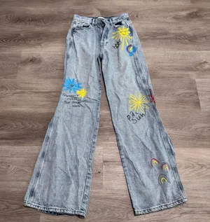 Pacsun Baggy Jean 26 Painted Denim Paint Flower Rainbow Sun Eye Button Fly thumbnail 1
