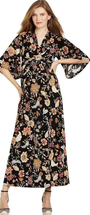 Jessica Simpson maternity black floral maxi bell sleeve dress thumbnail 2
