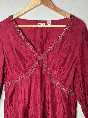 Vintage Red Textured Silk Beaded Neckline Babydoll Top Vampy Y2K Fairy Blouse thumbnail 4