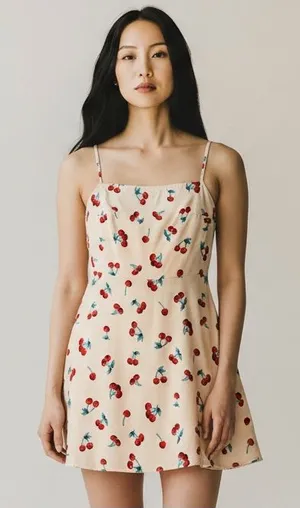 Cherry Print Spaghetti Strap Mini Dress Back Zip Closure Size Medium Red thumbnail 1