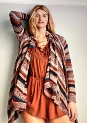 American Eagle Outfitters Striped Open Knit Cardigan waterfall in Brown & Blue 1 thumbnail 1