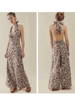 Free People Kira Abstract Cut-Out Brown & White Jumpsuit thumbnail 2