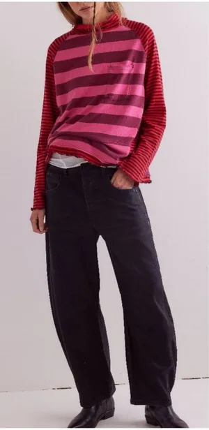 Free People We The Free Punk Playful Tee Size Medium Pink Red Stripes Emo thumbnail 1