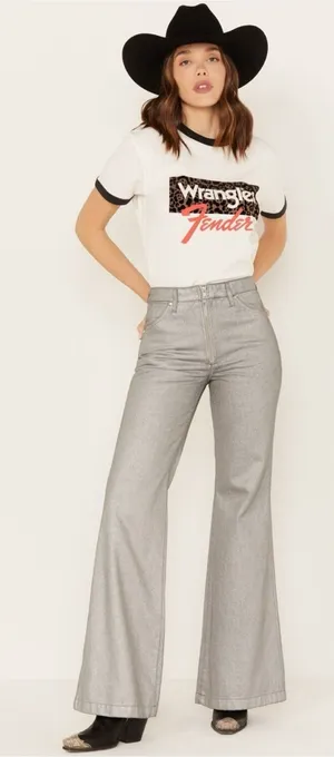 $149 Nwt Wrangler X Fender Women'S Metallic Wanderer Flare Jeans 31 thumbnail 1
