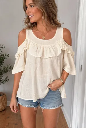 NWT Tulip B Ivory Cold Shoulder Ruffle Rayon Blouse Women's Large Boho thumbnail 1