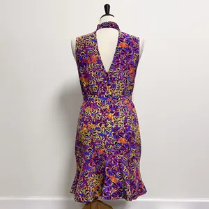 Saloni Blue Purple Floral Sleeveless Plunging V Neck Choker Neck Fleur Dress 8 thumbnail 4