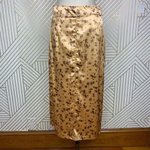Zara Floral Print Slip Midi Skirt In Tan Gold Brown Satin Size‎ US Medium thumbnail 3
