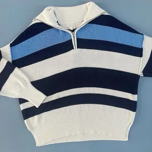 Aerie Beyond‎ Quarter Zip Sweater Blue Striped Cotton Knit Pullover Size Small thumbnail 1