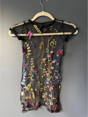 Black Sheer Mesh Top with Colorful Floral Embroidery thumbnail 2