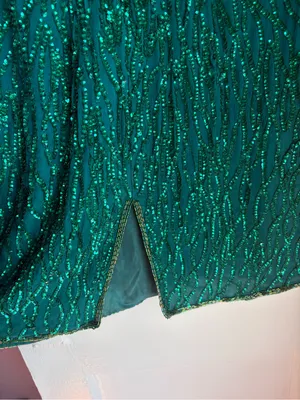 Vintage Laurence Kazar Emerald Green Silk Beaded Sequin Cocktail Dress Large thumbnail 6