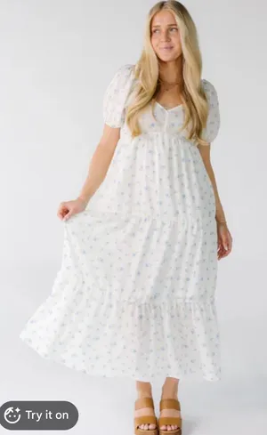 Called To Surf Women’s White Floral Maxi Dress with Puff Sleeves thumbnail 1