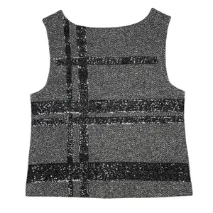 Banana Republic Shell Top Herringbone Grey Zipper Back Sequin Women's Size 2 thumbnail 3