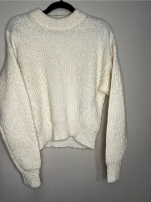 Reformation Alpaca Blend Ivory Neutral Chic Fuzzy Knit Crewneck‎ Sweater thumbnail 2
