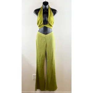 Peppermayo Wrap Tie Crop Bra Top and High Rise Flare Pants Matching Set Green 6 thumbnail 5