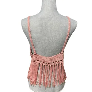 POL Crochet Fringe Crop Top Bralette – Boho Festival Tank, Dusty Rose Pink, Sz L thumbnail 5
