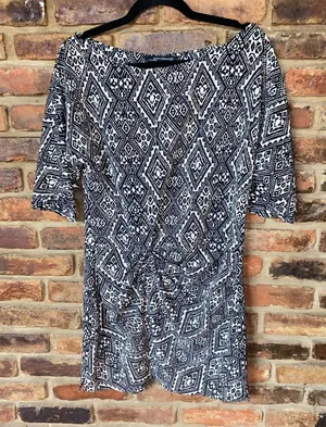 Zara Black & White Aztec Print Short Sleeve Twist Front Mini Dress Women's Small thumbnail 1