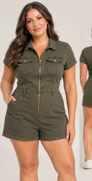 GUESS Olive Green Zip Up Utility Romper Short Sleeve Safari Gorpcore Cargo Large thumbnail 1
