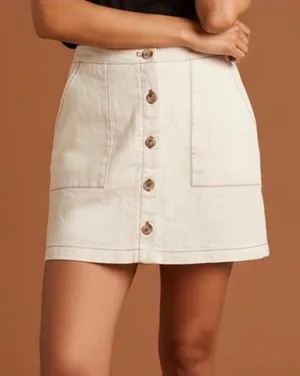 NWOT Anthropologie Amadi 100% linen cream button down red stitching skirt sz Sm thumbnail 1