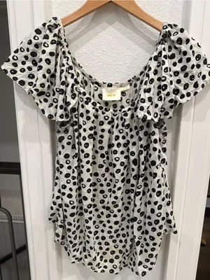 Maeve Anthropologie Polka Dot Peasant Blouse Medium Black White Puff Sleeve Top thumbnail 3