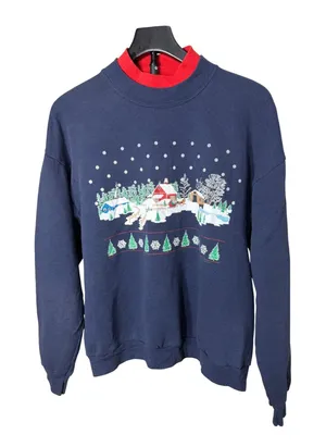 J. Macinallys Womens Navy Blue Winter Village‎ Graphic Sweatshirt Mock Neck L thumbnail 1