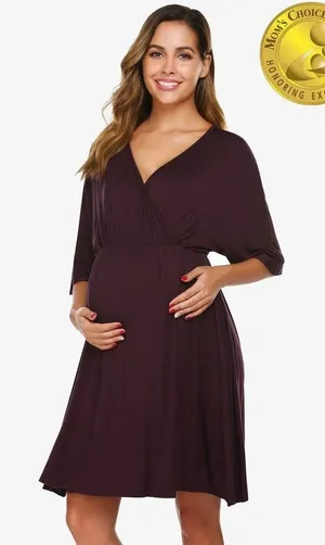 Ekouaer Maternity Dress Nursing Nightgown Womens XL Burgundy Jersey Knit Stretch thumbnail 1