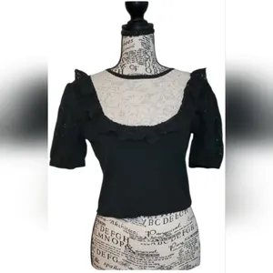 Zara Black Ecru Lace Trim Pointelle Knit Sweater Short Sleeves Size:M NWOT thumbnail 3