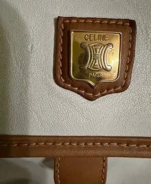 Celine crossbody bag White Leather Tote with Brown Trim and Gold Plaque thumbnail 1