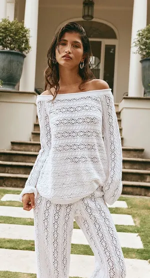 Off-Shoulder White Lace Knit Sweater sabo skirt sz 4 thumbnail 1