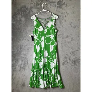 Vintage Tropical Hibiscus Floral Midi Dress Green White Resort Vacation S New thumbnail 3