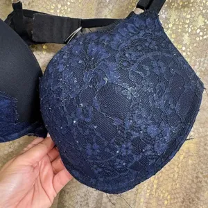 Victorias Secret Very Sexy Pushup Navy Blue Black Lace Rhinestone Bra 38DD thumbnail 3