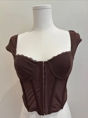 Garage Corset Top Brown Sheer Cap Sleeve Small thumbnail 1