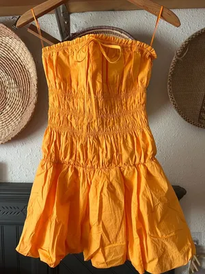 Bubble smocked strapless Mini Dress Game Day Sweetheart in Marigold Orange XS thumbnail 3