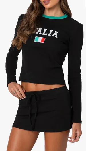 NWT Edikted Italia Graphic Long Sleeve Crop Top Black Medium thumbnail 1